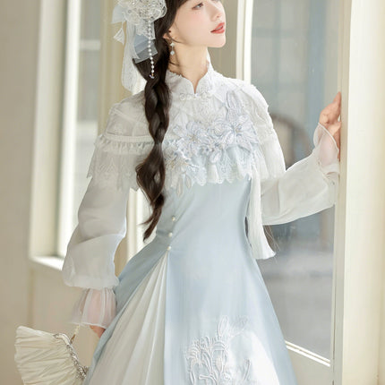 Light - blue Traditional Chinese - style Dress with Delicate Floral Embroidery and Sheer Sleeves