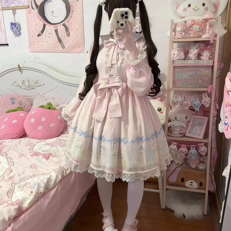 Pink Lolita Dress with Adorable Patterns, Delicate Bow - a Fairy - like Choice