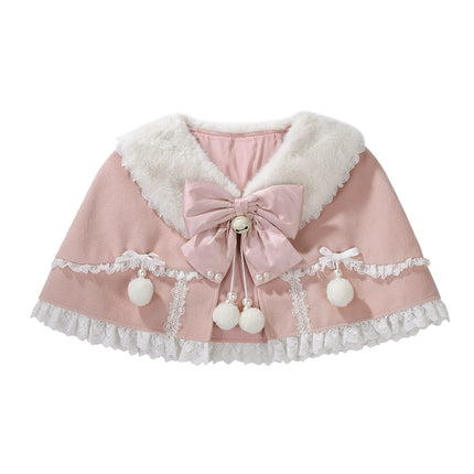 Lolita Capelette Dress Set with Bow - detail and Lace Trim, Pastel Pink and White Color Scheme