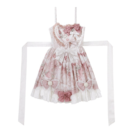 Lolita Capelette Dress Set with Bow - detail and Lace Trim, Pastel Pink and White Color Scheme