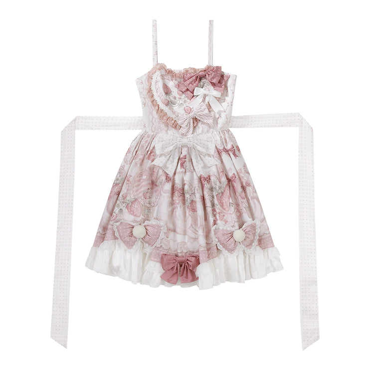 Lolita Capelette Dress Set with Bow - detail and Lace Trim, Pastel Pink and White Color Scheme