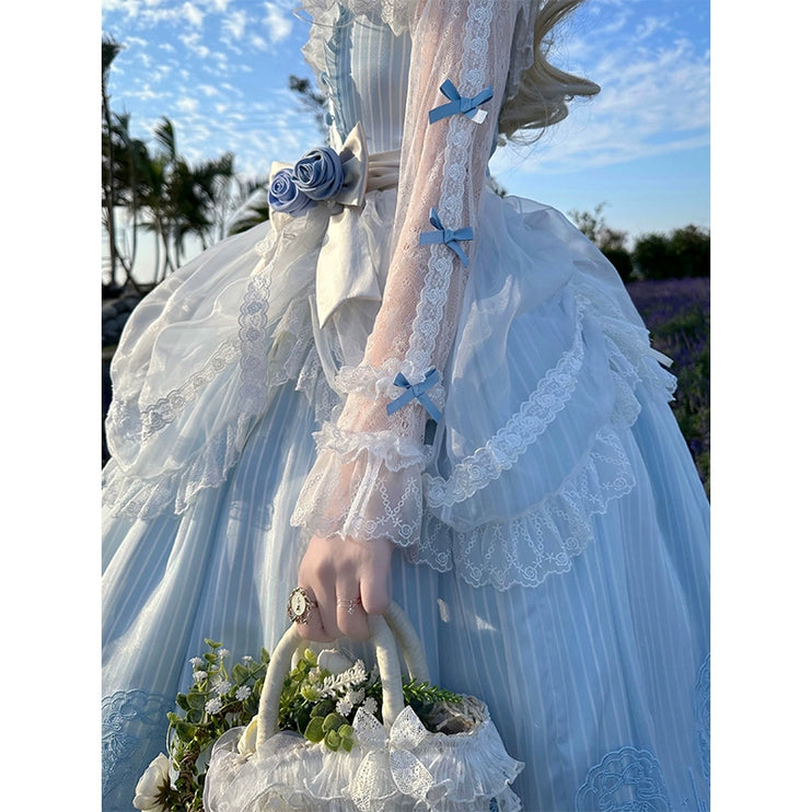 Sky Bloom Embroidered Lolita OP Dress – Vintage Garden Party Gown with Floral Accents