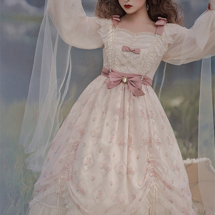 Elegant Cream Lolita Dress with Floral Embroidery and Ruffled Skirt