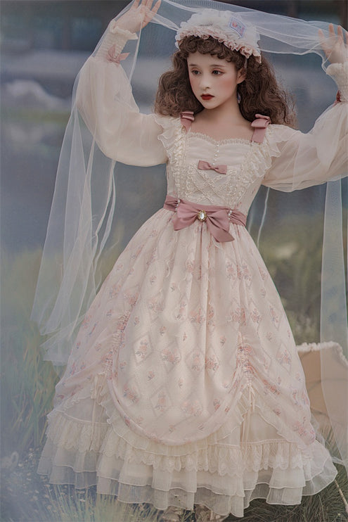 Elegant Cream Lolita Dress with Floral Embroidery and Ruffled Skirt
