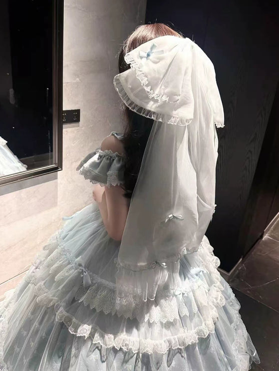 Off - the - shoulder Lolita Gown with Intricate Lace and Multiple Tiers of Ruffles