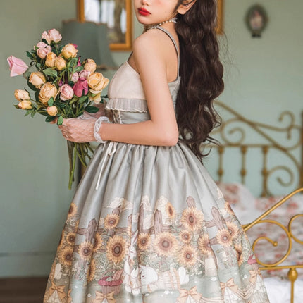 Vintage Floral Lolita Dress with Tulle Layers, Off - the - Shoulder Sleeves & Delicate Headpiece