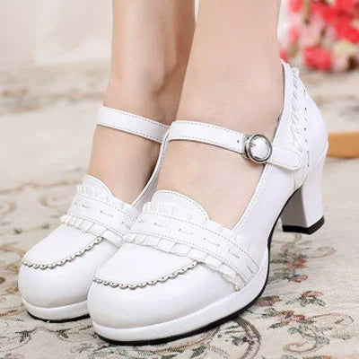 Buckled Heeled Shoes with Delicate Braid and Pearl - like Details