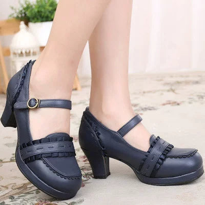 Buckled Heeled Shoes with Delicate Braid and Pearl - like Details