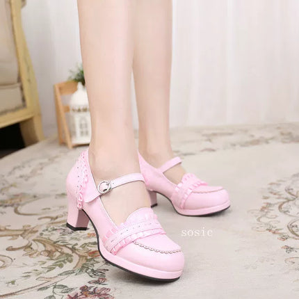 Buckled Heeled Shoes with Delicate Braid and Pearl - like Details