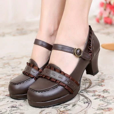 Buckled Heeled Shoes with Delicate Braid and Pearl - like Details