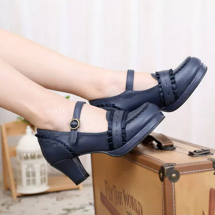 Buckled Heeled Shoes with Delicate Braid and Pearl - like Details