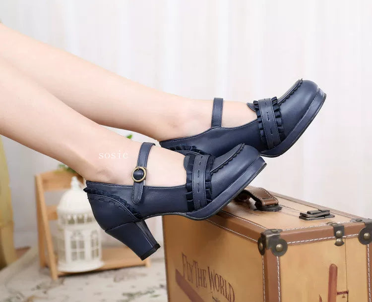 Buckled Heeled Shoes with Delicate Braid and Pearl - like Details