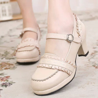 Buckled Heeled Shoes with Delicate Braid and Pearl - like Details