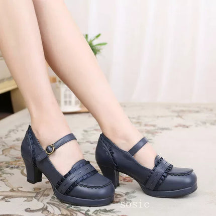 Buckled Heeled Shoes with Delicate Braid and Pearl - like Details