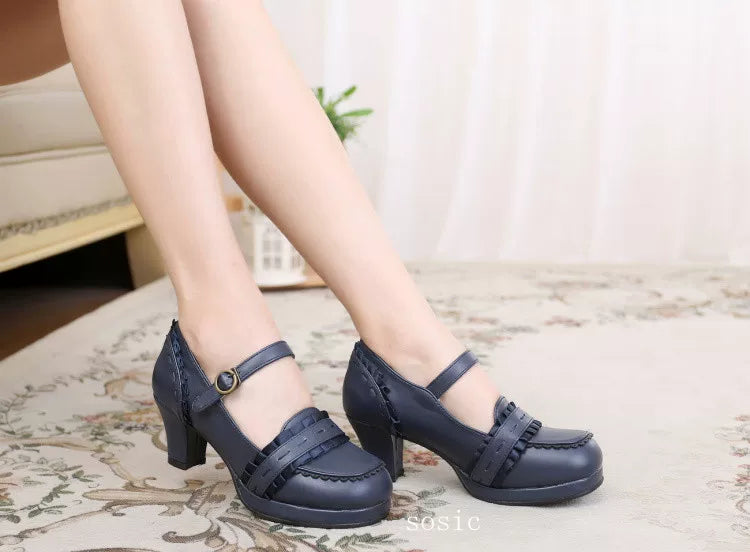 Buckled Heeled Shoes with Delicate Braid and Pearl - like Details