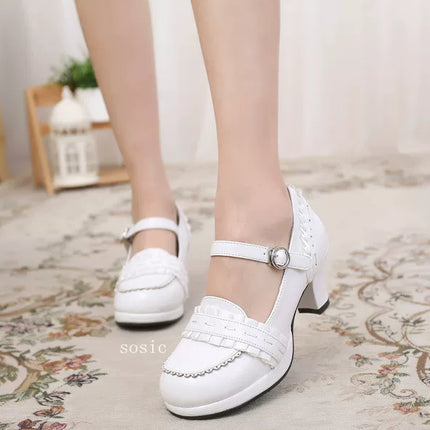 Buckled Heeled Shoes with Delicate Braid and Pearl - like Details