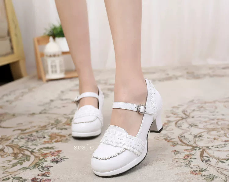 Buckled Heeled Shoes with Delicate Braid and Pearl - like Details