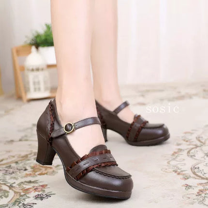 Buckled Heeled Shoes with Delicate Braid and Pearl - like Details