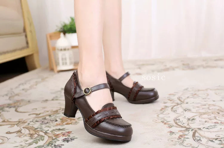 Buckled Heeled Shoes with Delicate Braid and Pearl - like Details