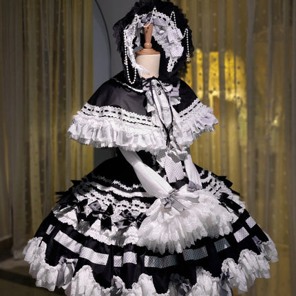 Gothic Aristocrat Lolita Dress - Victorian Black and White Ruffled Doll OP with Cape and Bonnet
