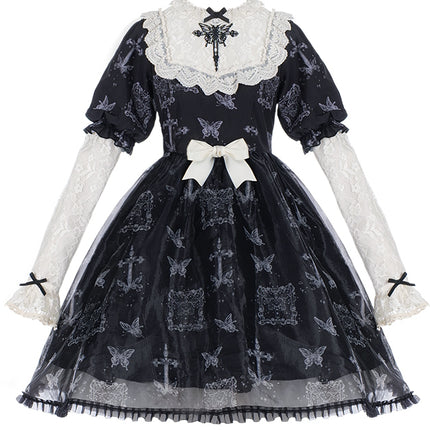 Stage Butterfly Pattern Embroidered Floral Print Natural Flounce Detachable Sleeves OP Lolita Dress