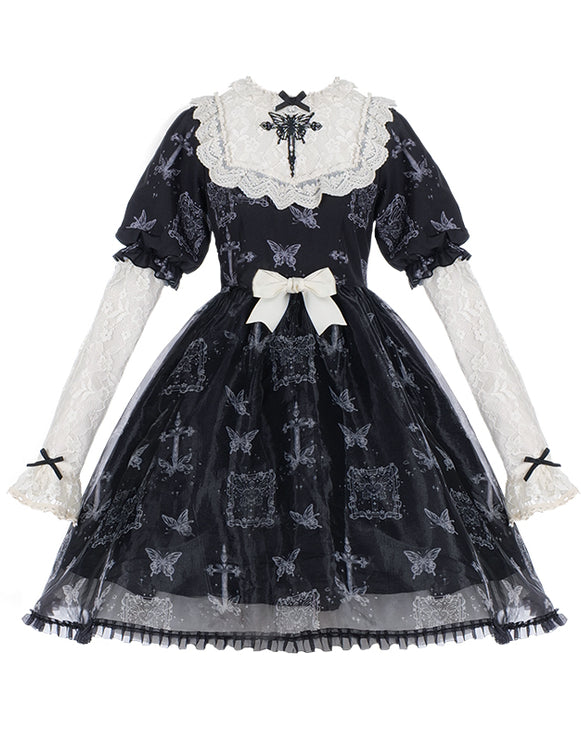 Stage Butterfly Pattern Embroidered Floral Print Natural Flounce Detachable Sleeves OP Lolita Dress