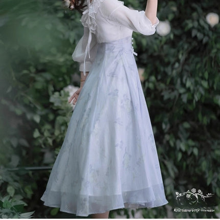 Lolita Fairy Dress! Lace Puff Sleeves + Light Blue Floral Maxi Skirt, Spring Garden Date Outfit