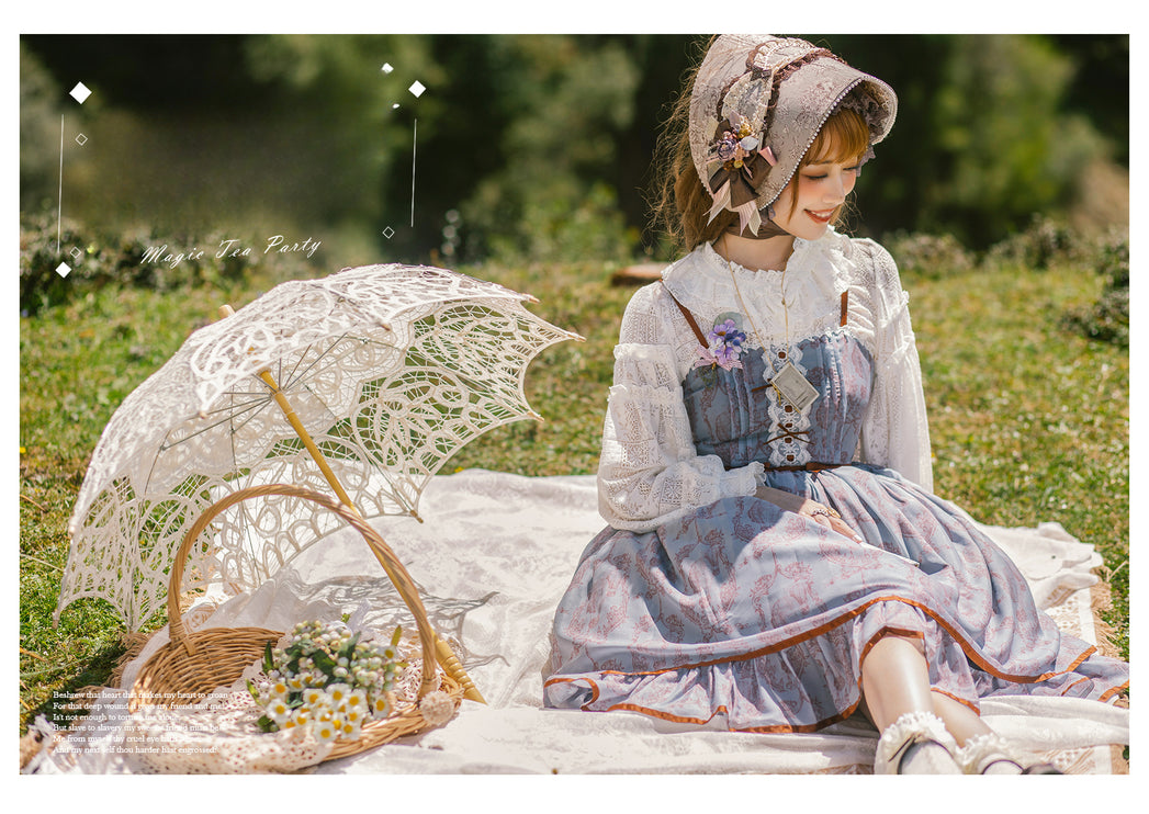 Floral Elegance Lace-Up Lolita JSK Sundress – Romantic Tiered Dress in Sage Green, Lavender, and Charcoal