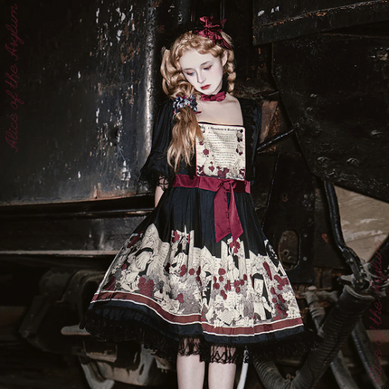 Dark Wonderland Asylum Lolita Dress - Gothic OP with Velvet Ribbon and Eerie Storybook Print