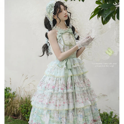 Elegant Vintage Floral Lolita JSK with Ruffled Details and Adjustable Waist Ties