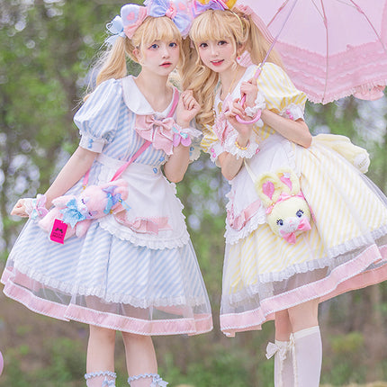 Lemonade Striped Puff-Sleeve Sweet Lolita Dress with Pink Bowknot & Lace Apron