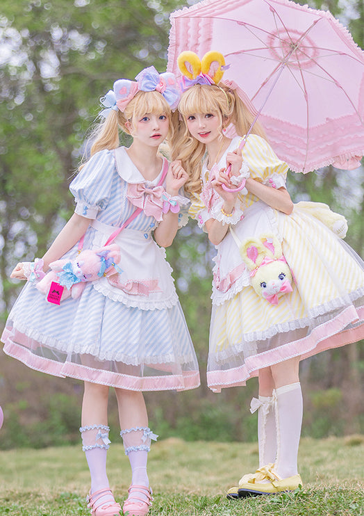 Lemonade Striped Puff-Sleeve Sweet Lolita Dress with Pink Bowknot & Lace Apron