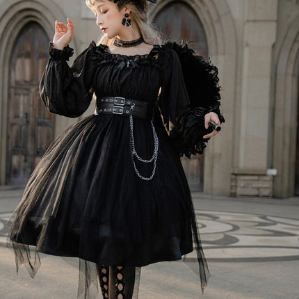 Vintage Square Neck Dark Gothic Black Lolita OP Dress Mid & Long Length