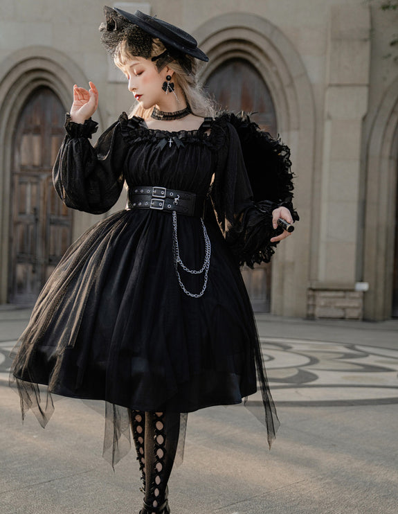 Vintage Square Neck Dark Gothic Black Lolita OP Dress Mid & Long Length