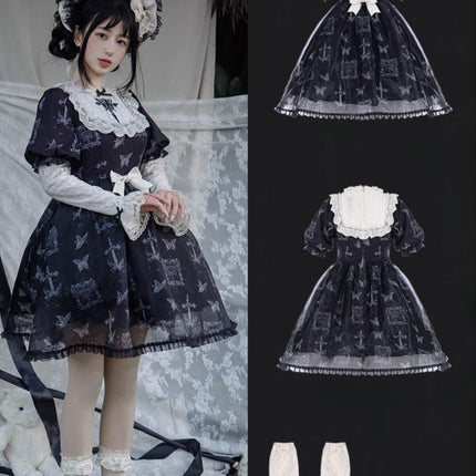 Stage Butterfly Pattern Embroidered Floral Print Natural Flounce Detachable Sleeves OP Lolita Dress