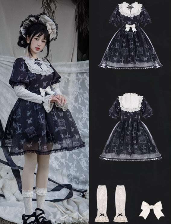 Stage Butterfly Pattern Embroidered Floral Print Natural Flounce Detachable Sleeves OP Lolita Dress