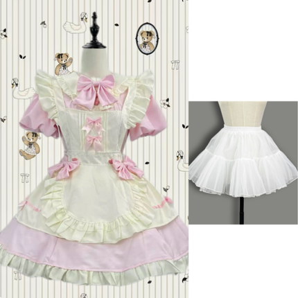 Elegant Black and White Lolita Maid Dress with Ruffled Skirt and Delicate Bows