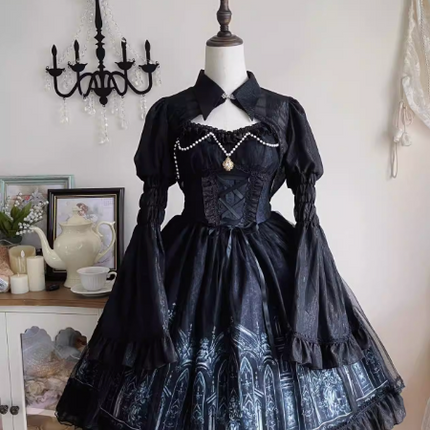 [Silent Night Church] Dark Gothic Elegance Lolita Dress with Lace and Pearl Accents