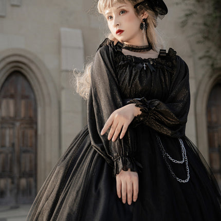 Vintage Square Neck Dark Gothic Black Lolita OP Dress Mid & Long Length