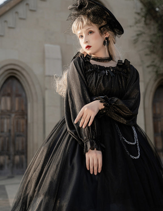 Vintage Square Neck Dark Gothic Black Lolita OP Dress Mid & Long Length