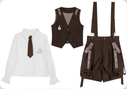 Detective Lolita Prince Set – Brown Vest with Suspender Shorts and Ruffled Blouse