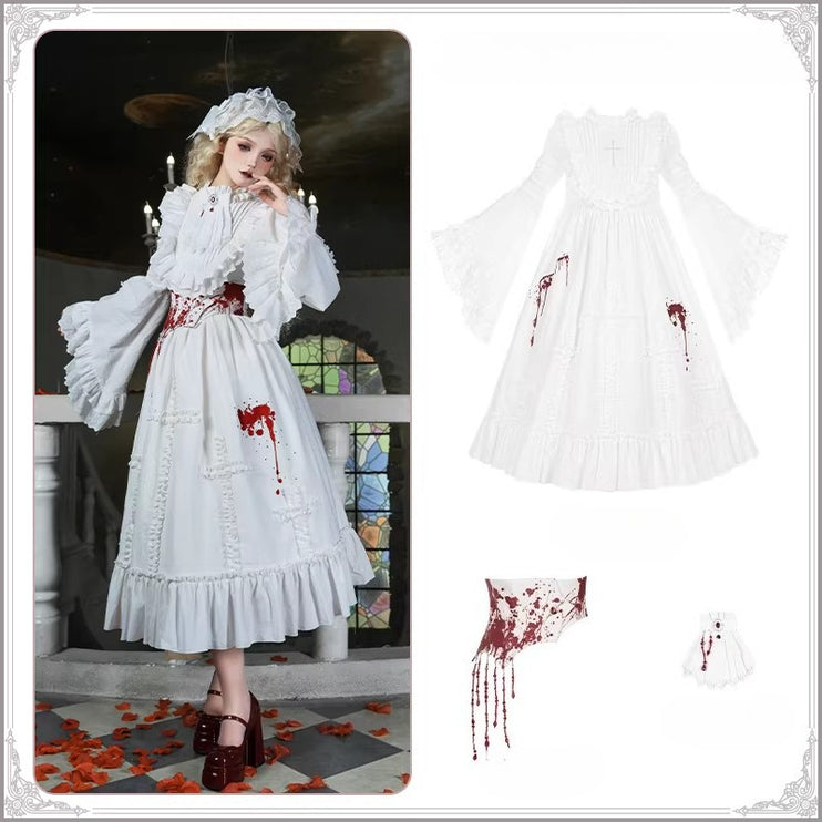 Gothic Lolita White Dresses with Bloody Accents, Delicate Lace and Charming Design