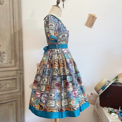 Vintage Postage Stamp Lolita Dress – Classic American Retro Short Sleeve OP for Daily Wear