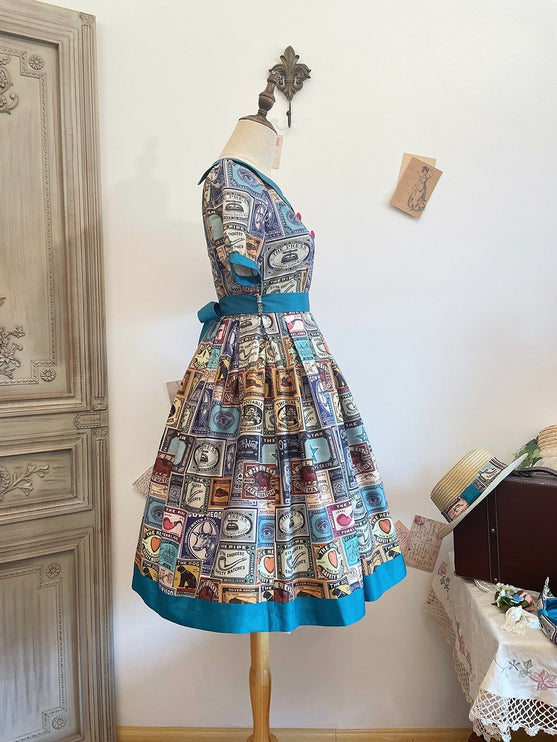 Vintage Postage Stamp Lolita Dress – Classic American Retro Short Sleeve OP for Daily Wear