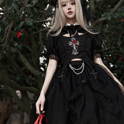 Gothic Black Rose Embroidery Cut-Out Blouse with Asymmetrical Lolita Dress Set