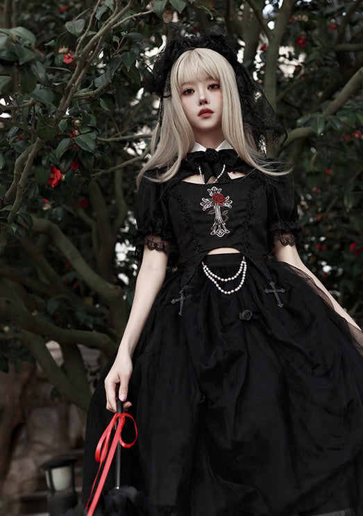 Gothic Black Rose Embroidery Cut-Out Blouse with Asymmetrical Lolita Dress Set