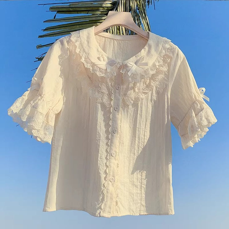 Lace - adorned Long - sleeved Blouse with Fluffy Cuffs, Exuding Delicate Femininity