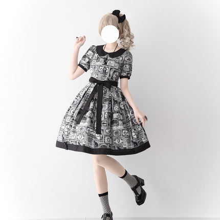 Vintage Postage Stamp Lolita Dress – Classic American Retro Short Sleeve OP for Daily Wear