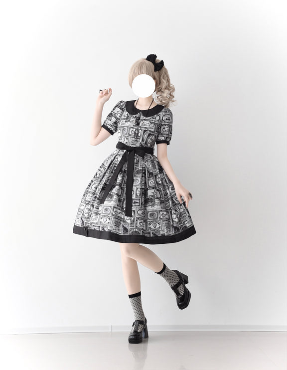 Vintage Postage Stamp Lolita Dress – Classic American Retro Short Sleeve OP for Daily Wear