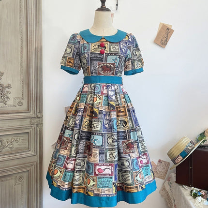 Vintage Postage Stamp Lolita Dress – Classic American Retro Short Sleeve OP for Daily Wear